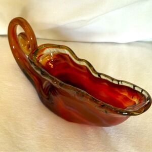 Vintage Hand blown Vintage Sooner Glass Cornucopia Bowl Amber and Gold 13” x 5”